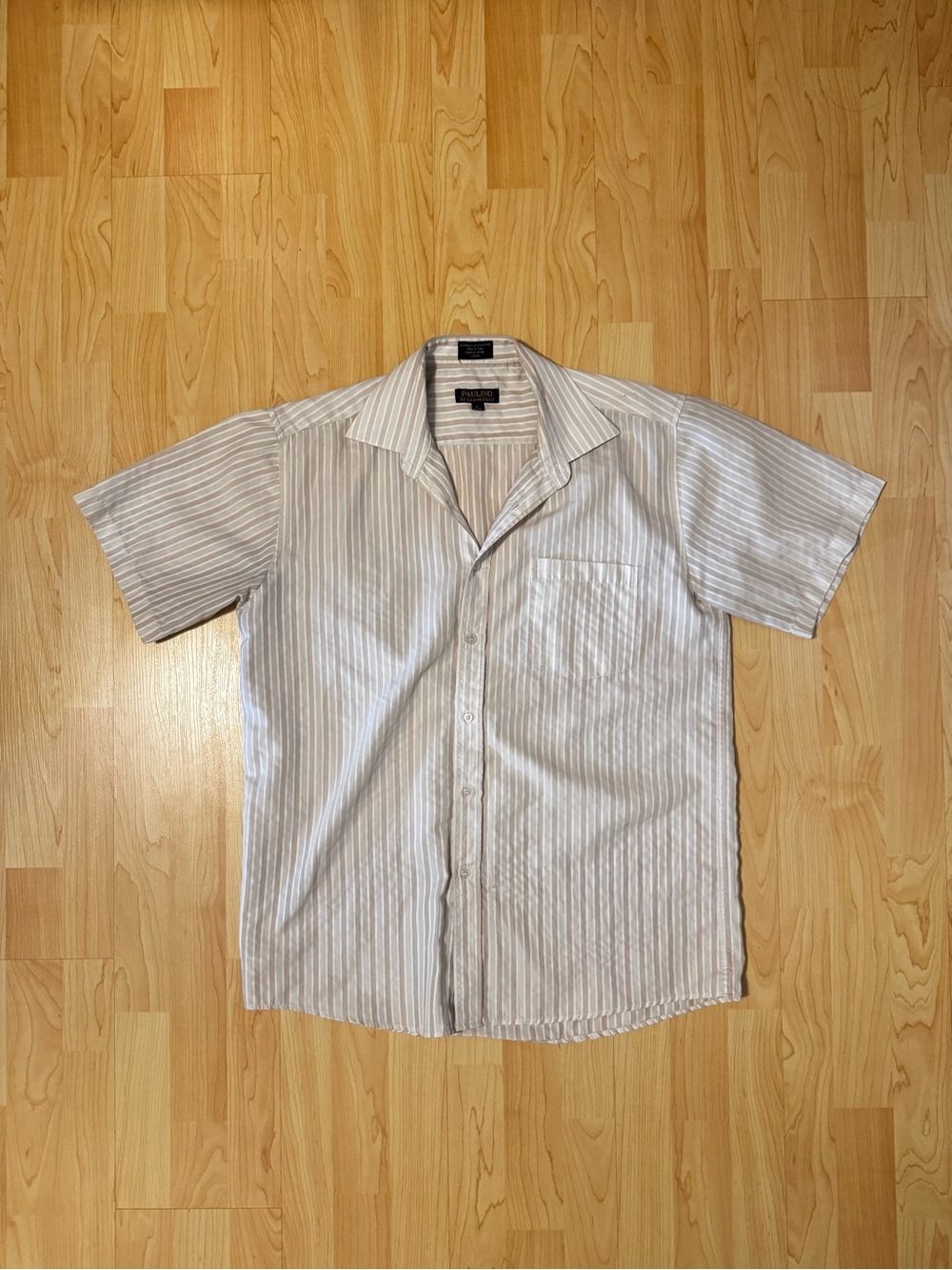 Paulino Men's Short-Sleeve Button-Up Shirt in White and Light Tan Stripes